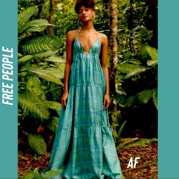 FREE PEOPLE TATTERSALL GREEN SEA BLUE SILK MAXI DRESS NWT NEW MEDIUM - Picture 1 of 14